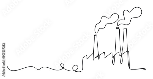 Continuous single line drawing depicting an industrial factory with smoking chimneys representing manufacturing processes and environmental impact for business presentations and reports