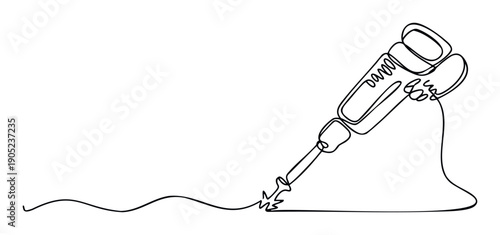 A continuous line drawing captures a powerful jackhammer breaking through rough ground, ideal for construction industry promotions, renovation project advertisements, or infrastructure