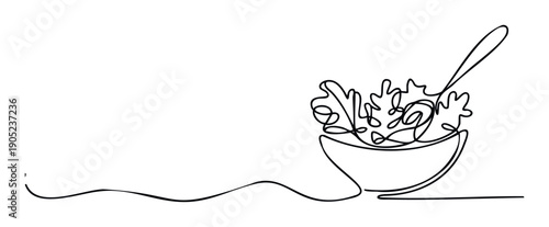 Minimalist one line drawing depicting a fresh green salad in a bowl with a spoon, perfect for culinary blogs, restaurant menus, or healthy lifestyle advertisements and promotions.
