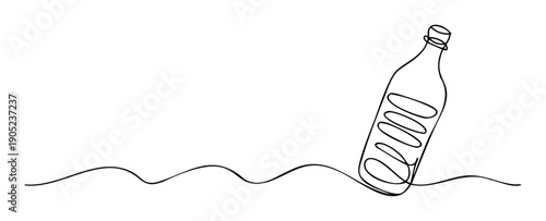 Continuous single line drawing depicting a glass bottle with a stopper resting on a gentle wavy line, ideal for concepts related to beverages, recycling, or minimalist design projects.