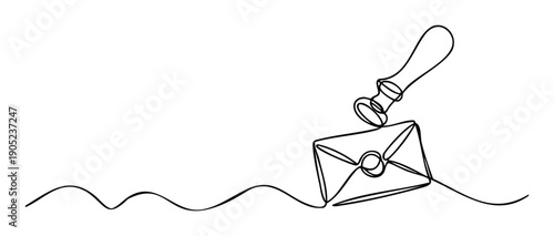 Minimalist continuous line drawing of an envelope with a sealing wax stamp, perfect for conveying messages, direct marketing, and electronic communication services.