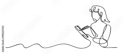 A minimalist single continuous line drawing of a person reading a book, representing education and knowledge, ideal for literary themed marketing or educational materials.
