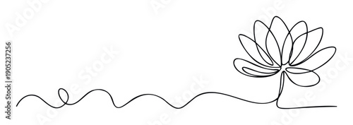 A graceful single continuous line drawing portraying a serene lotus flower, embodying purity and tranquil spirituality, ideal for minimalist branding, peaceful wellness media, or natural