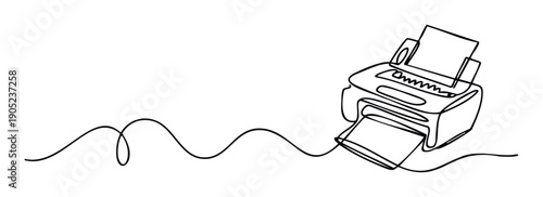 Continuous single line drawing of a modern office printer illustrating the connection and flow of information for technology, business, and communication related projects