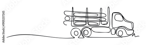 Single continuous line drawing of a heavy duty logging truck transporting timber, perfect for illustrating themes of freight, logistics, and industrial transportation services.