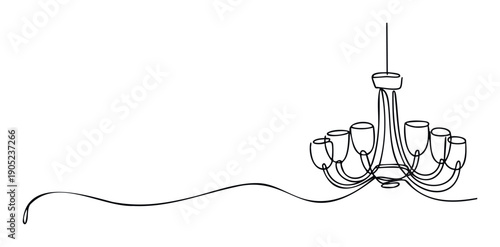 Continuous single line drawing of an elegant chandelier, perfect for illustrating sophisticated interior design, lighting concepts, luxury events, and home decor promotions.