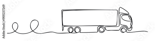 Minimalist continuous line drawing of a semitruck with a trailer symbolizing global logistics, cargo shipping, and efficient freight transportation for various industry presentations