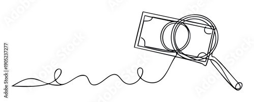Dynamic continuous line drawing portraying a banknote viewed through a magnifying glass, symbolizing diligent financial research, economic growth, and investment strategy for modern