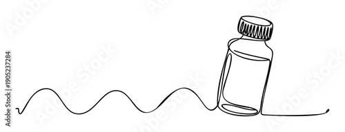 Continuous line drawing of a small bottle with a screw cap ideal for minimalist packaging design, medical illustrations, or simple wellness graphic elements