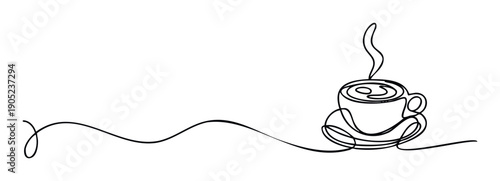 Steaming hot beverage cup and saucer rendered in a continuous single line drawing style with a flowing abstract element, perfect for modern caf branding, minimalist web graphics, or