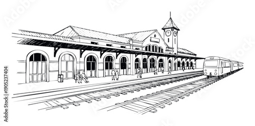 Handdrawn black and white sketch of a classic railway station with a prominent clock tower, passengers waiting on the platform, and a train approaching on the tracks, useful for