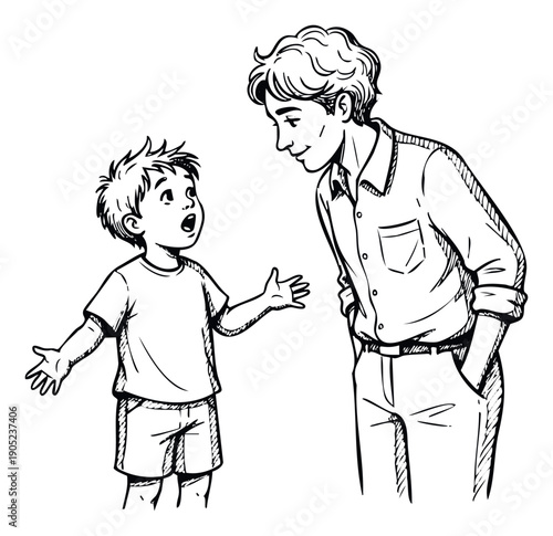 A caring adult male listens attentively to a young boy who is excitedly sharing a story or asking a question, perfect for themes of family bonding, education, and childhood conversations.