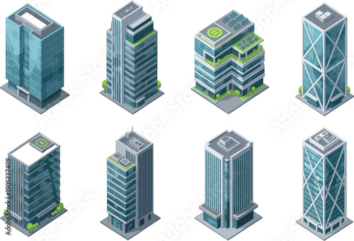 Isometric Modern Skyscraper Vector Set Featuring Contemporary High Rise Office Buildings and Urban Architecture Designs