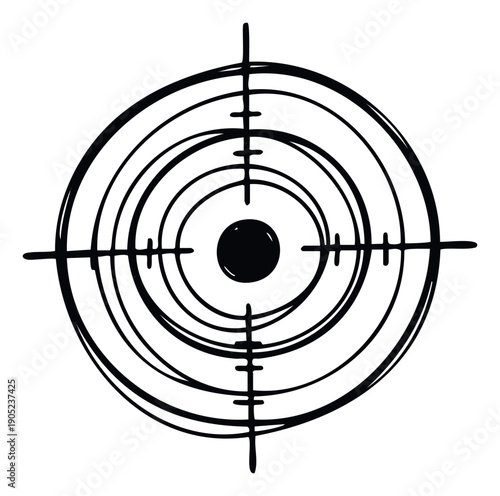 Hand drawn sketchy target sight symbol with concentric circles and crosshairs for goal setting marketing strategy or gaming interface graphics