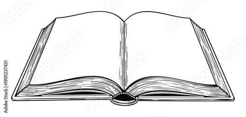 Classic hand drawn open book with blank white pages spread out for text and images, perfect for educational materials, publishing industry layouts, or literary themed academic projects.