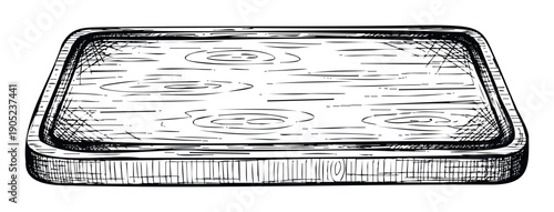 Detailed black and white engraving style drawing of a simple wood plank platter with visible grain and knots ideal for vintage cooking or homeware projects