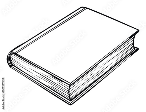 A simple black outline drawing of a closed hardcover book seen from an angled perspective, perfect for educational materials, literary promotions, or graphic representations of knowledge