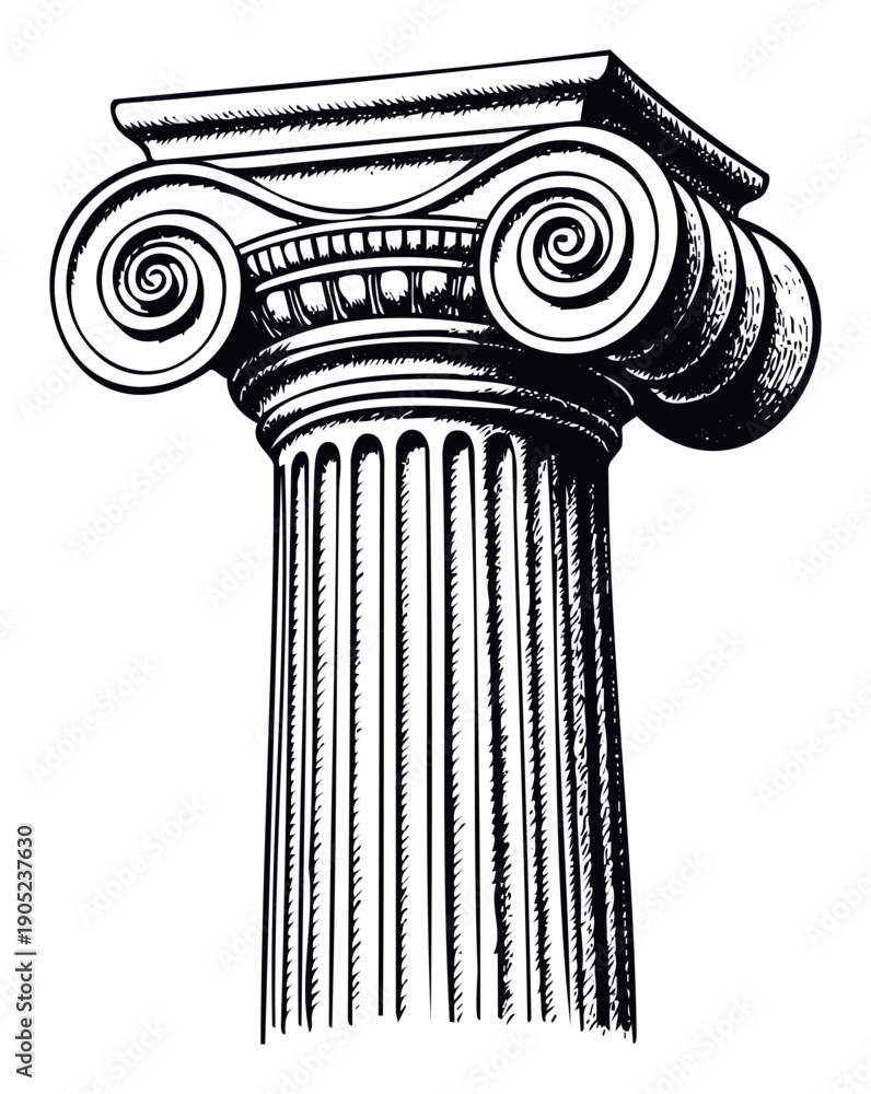 Fototapeta premium Ancient architectural Ionic column capital and shaft section in a classic engraved style, symbolizing strength and historical heritage, ideal for educational content or cultural project