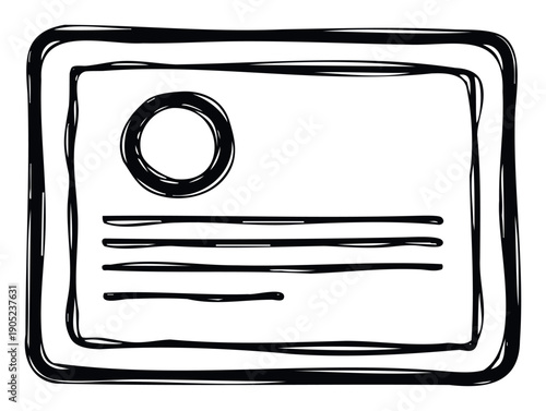 Rough sketch style icon illustrating an official document, identification card, or certificate, useful for educational content, business graphics, and simple application interfaces.
