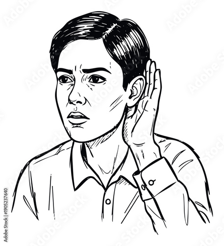 Young man with hand cupped to ear listens intently, trying to hear something, suitable for conveying concepts of active listening, hearing, or communication challenges.