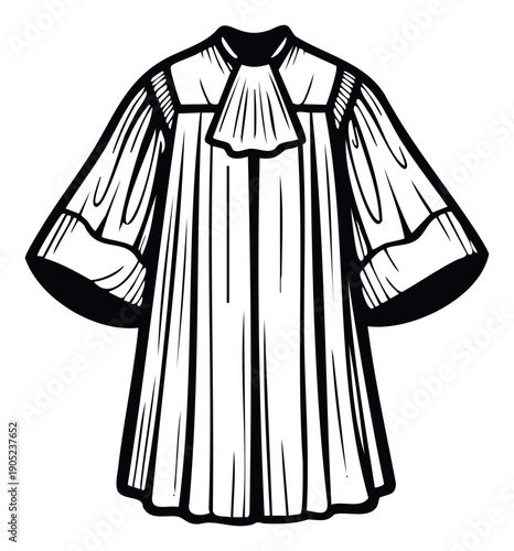 Professional black and white depiction of a legal judges robe with a traditional jabot, ideal for illustrating law concepts, court proceedings, and legal profession branding.