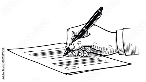 Professional hand holding a classic pen to sign an important official document or complete essential paperwork, ideal for legal, financial, and business presentations or educational