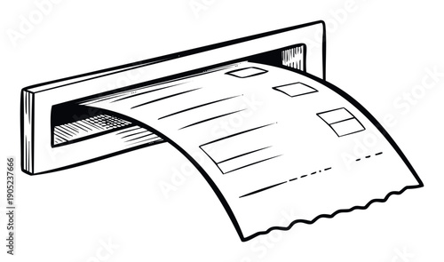 Sketch style drawing of a paper receipt or ticket dispensing from a slot, perfect for representing transactions, billing, event admission, or financial statements in various business and