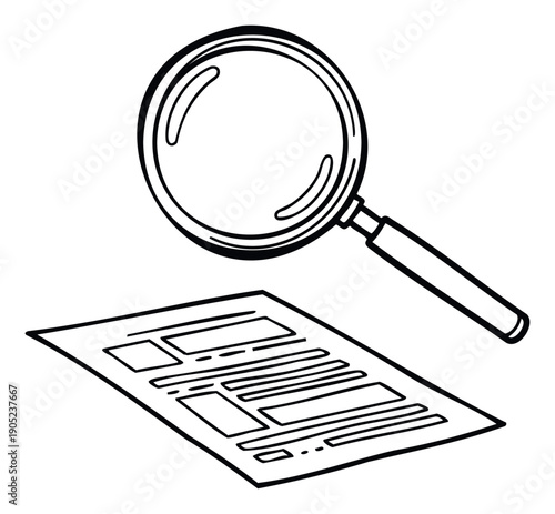 A magnifying glass closely examining a professional document, ideal for visualizing concepts like thorough job application review, detailed research, data analysis, or careful inspection in