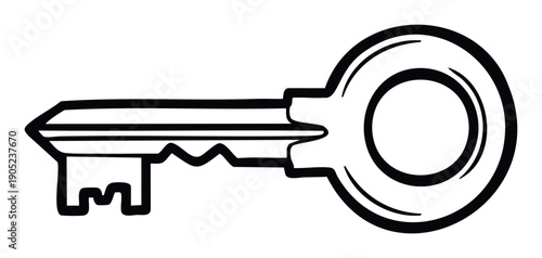 A clean monochrome outline drawing depicting a traditional metal key, perfect for illustrating access, privacy, or success in various digital and print media applications