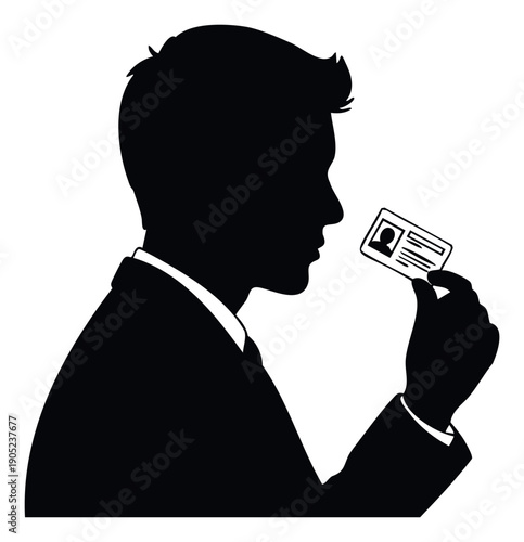 Silhouette of a businessman holding and examining an identification document, representing concepts of personal verification, official credentials, security, and digital identity for