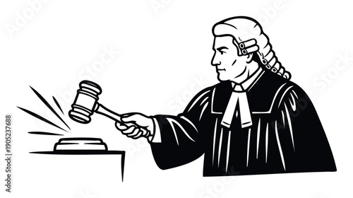 Professional judge presiding over a courtroom, holding a gavel and striking the sounding block to deliver a verdict or maintain order for legal, justice, and governmentrelated applications.
