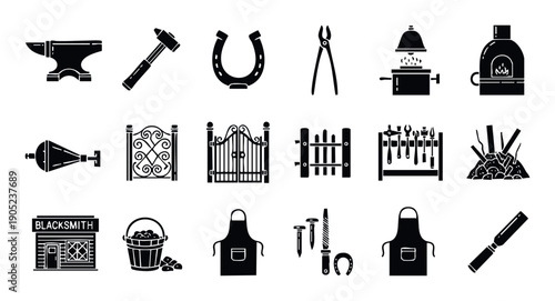 A comprehensive collection of blacksmithing tools and elements featuring anvils, hammers, horseshoes, tongs, forges, fences, and various workshop items for industrial craft and traditional