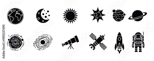 Comprehensive set of space and astronomy glyph icons suitable for educational content, scientific presentations, universe exploration themes, and celestial object visualizations.