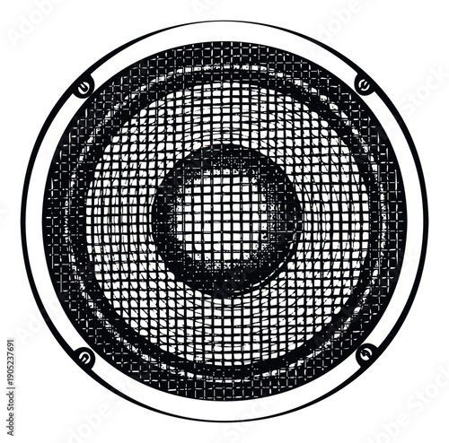 Grungy black and white speaker cone graphic with a textured grid and circular frame, suitable for music productions, audio technology branding, or sound system related projects.