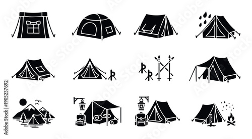 Collection of outdoor camping tents and related equipment icons perfect for illustrating adventure travel guides wilderness exploration and recreational activity applications