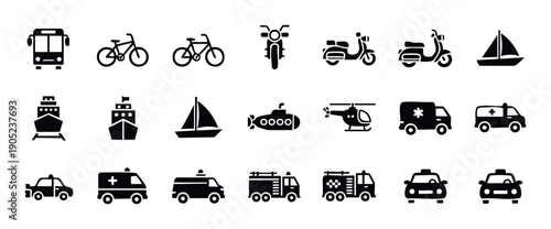 Comprehensive collection of transportation and emergency vehicle icons for modern applications like mobile apps, web interfaces, infographics, and signage systems