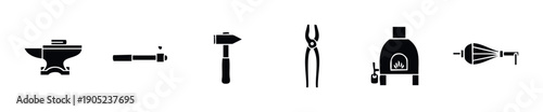 Essential metalworking equipment and traditional blacksmith tools depicted in a stark iconic style perfect for industrial history presentations or craft workshop signage.