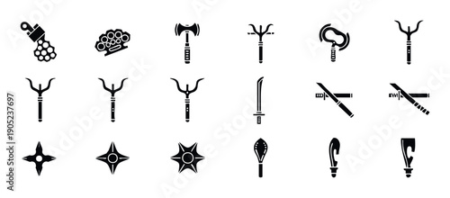 A comprehensive collection of dangerous weapons and martial arts tools icons for use in security applications, action games, or defenserelated project graphics