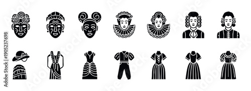 A collection of theatrical masks and historical period costumes representing drama, comedy, and traditional apparel for stage plays and cultural event promotions