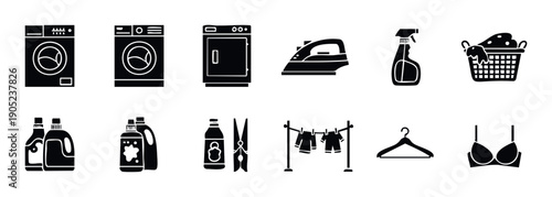 Comprehensive collection of laundry service icons depicting washing machines, iron, detergent, and drying clothes, suitable for household appliance manuals, cleaning business websites, and