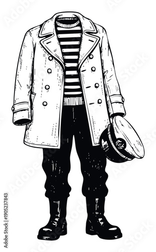 Classic sailor uniform including a doublebreasted pea coat, striped sweater, dark trousers, and boots, accessorized with a captains hat for nautical themes or historical content.