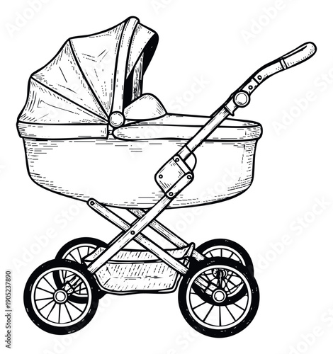 Black and white sketch of a vintage baby stroller with a deep bassinet, ideal for parenting guides, baby product promotions, and family content.