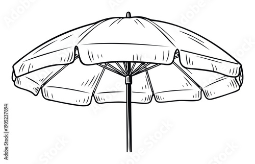 Classic beach umbrella line drawing perfect for summer vacation promotions, tropical travel advertising, and outdoor leisure graphics requiring a clear visual of sun protection.