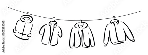 Minimalist black and white sketch of different outerwear garments suspended on hangers from a clothesline, ideal for illustrating apparel cleaning tips, seasonal clothing collections, or