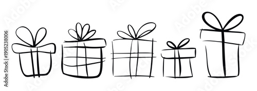 A delightful collection of sketch style present boxes tied with bows, perfect for adding a festive touch to holiday season wishes, special occasion invitations, and cheerful event