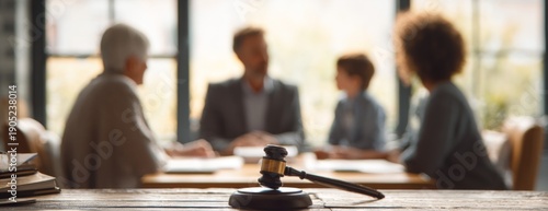Family meeting discussing legal matters with gavel in foreground  