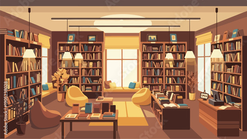Pixelated illustration of a cozy bookstore interior with shelves and lighting