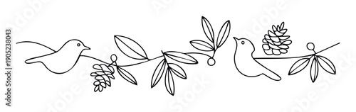 Simple line drawing of two birds perched on a branch adorned with leaves and pinecones, ideal for creating charming naturethemed decorations, holiday greeting cards, or whimsical graphic
