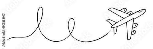 Black outline airplane soaring through a looping flight path symbolizing global travel and distant adventures perfect for tourism brochures or vacation planning applications