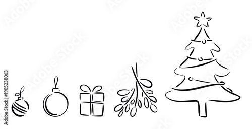 Minimalist Christmas holiday symbols including festive tree, decorative ornaments, mistletoe, and gift box perfect for seasonal greeting cards and winter celebration designs